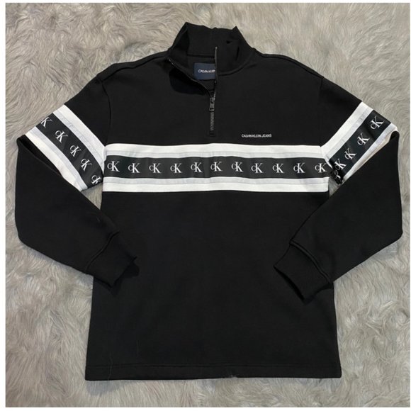 NWT Calvin Klein Unisex Black Repeat Tape Logo Quarter Zip Pullover Sweater - Picture 1 of 16